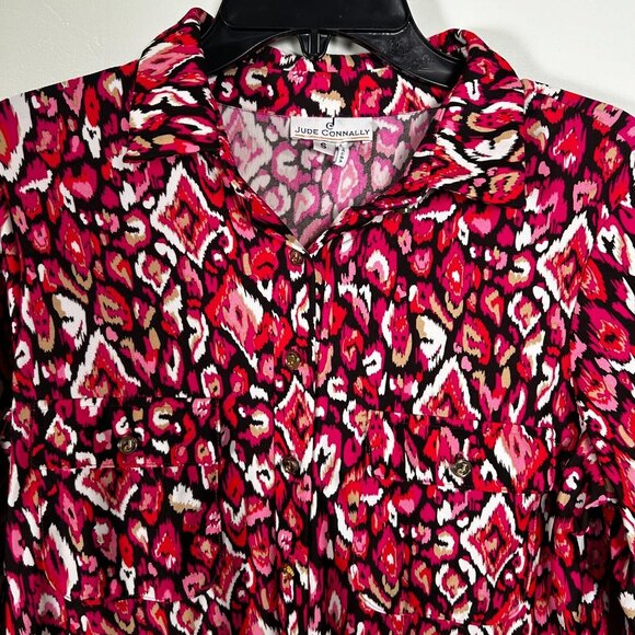 Jude Connally Dress Womens Small Red Geometric Jersey Gold Buttons Midi - Picture 2 of 6